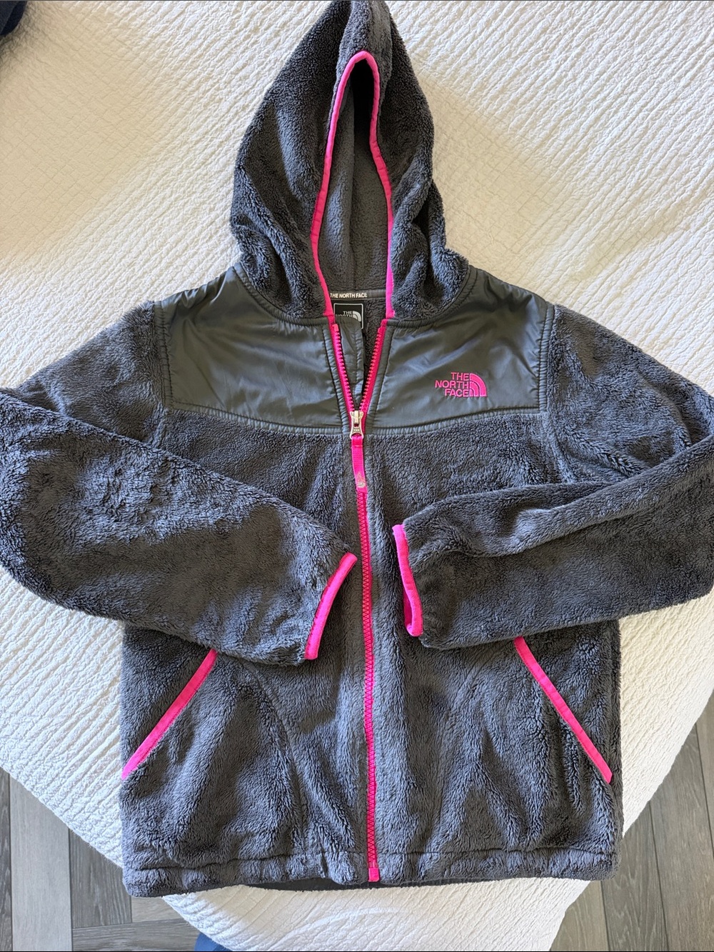 The North Face Girls Charcoal Fleece Jacket with Pink Trim